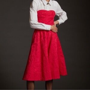 Anthropologie Deep Pink Strapless Corset Full Skirt Midi Dress Size 2